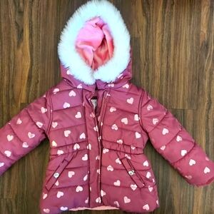 Pink Heart Patterned Puffer Jacket with Faux Fur Hood